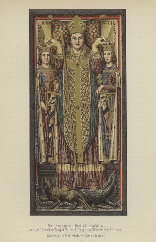 Siegfried von Eppstein, archevêque de Mayence de 1230 à 1249, avec les rois allemands Henri Raspe, landgrave de Thuringe, et Guillaume II de Hollande, comte de Hollande et de Zélande - German School