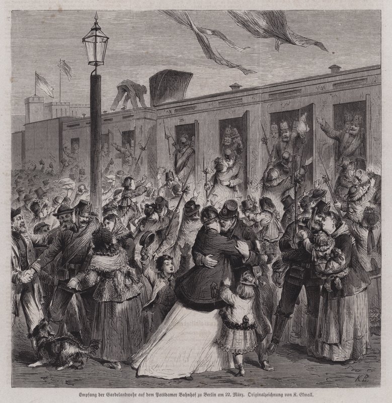 Soldats de la Gardelandwehr prussienne accueillis à la gare de Potsdam, Berlin, à leur retour de la guerre franco-prussienne, 22 mars 1871 - German School