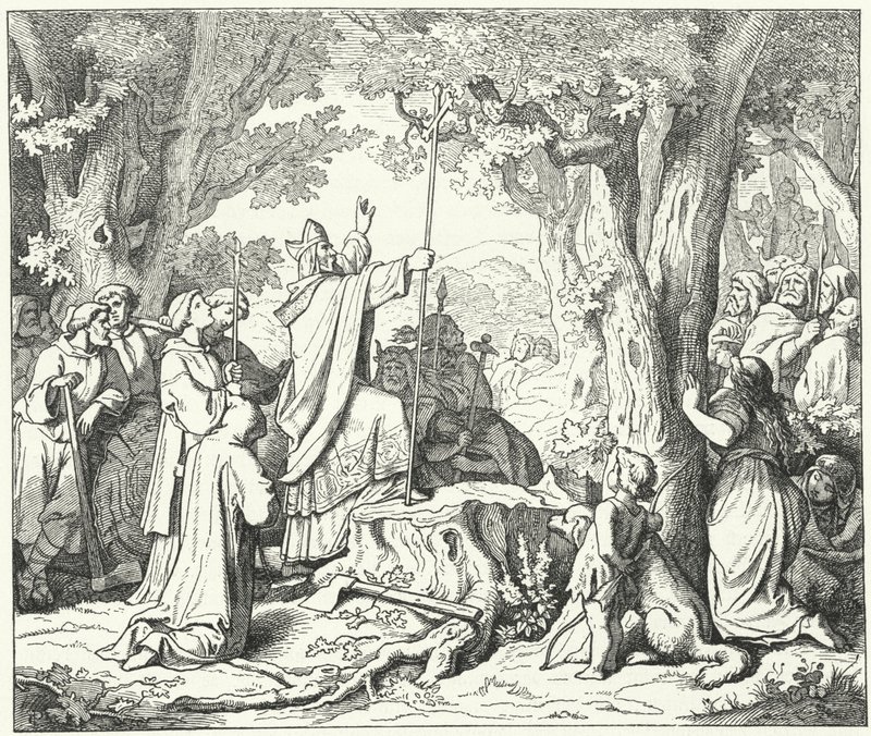 Saint Boniface abattant le chêne de Donar, sacré pour les païens allemands - German School