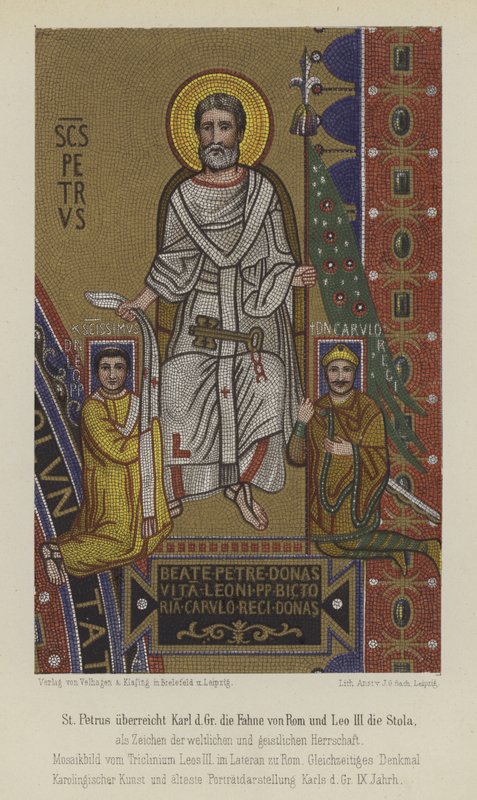 Saint Pierre présentant à Charlemagne le drapeau de Rome et le pape Léon III l