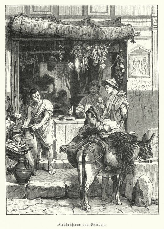 Scène de rue dans la ville romaine antique de Pompéi - German School