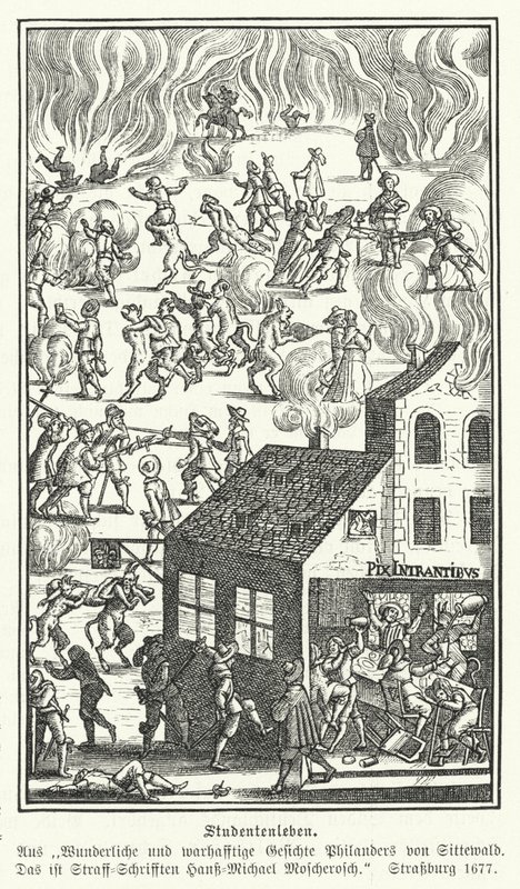 Vie étudiante : scène de Gesichte Philanders von Sittewald, par Johann Michael Moscherosch (gravure) - German School