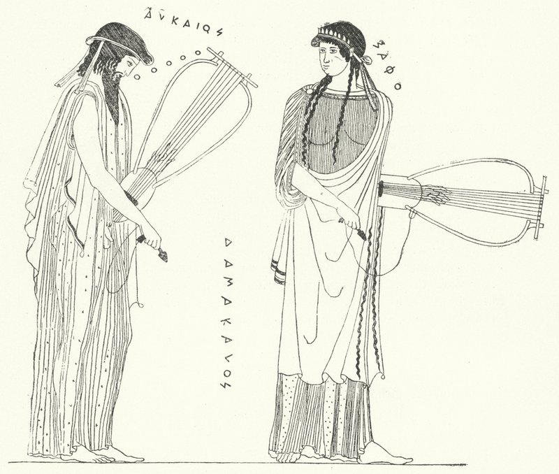 Le poète grec ancien Alcée et son amante Sappho (gravure) - German School