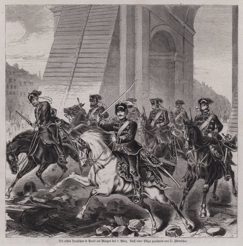 Les premiers soldats allemands entrant à Paris pour occuper la ville après la fin de la guerre franco-prussienne - German School