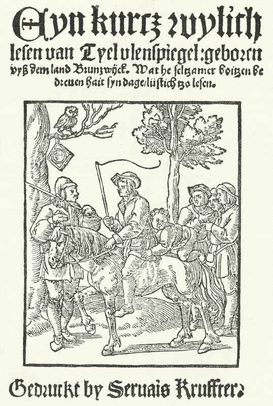 Page de titre de la plus ancienne édition connue en bas allemand de Till Eulenspiegel, imprimée par Servais Kruffter - German School