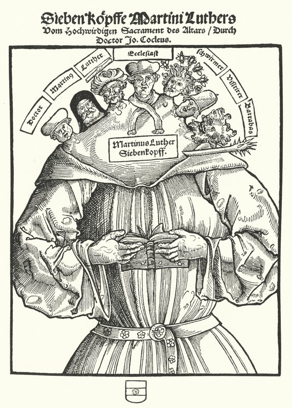 Page de titre de la brochure Les Sept Têtes de Martin Luther par Johannes Cochlaeus - German School