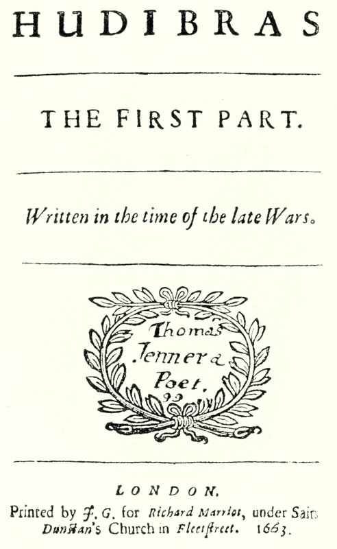 Page de titre du poème satirique Hudibras du poète anglais Samuel Butler, publié en 1663 (gravure) - German School