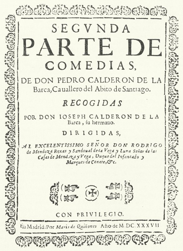 Page de titre du deuxième des quatre volumes des Comedias de Calderón, publiés en 1637 (gravure) - German School