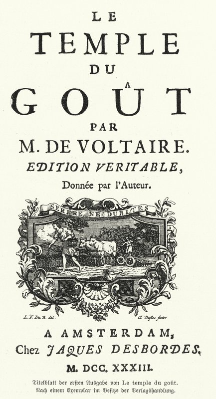 Page de titre de la première édition du Temple du Goût de Voltaire, écrivain et philosophe français - German School