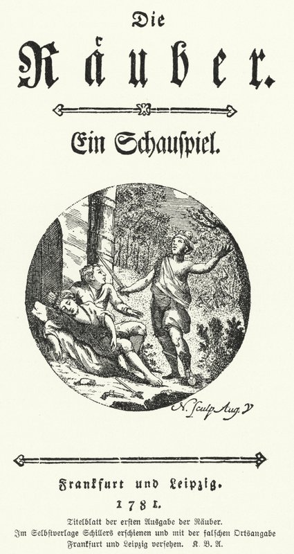 Page de titre de la première édition de la pièce de Friedrich Schiller Die Rauber (Les Brigands) - German School