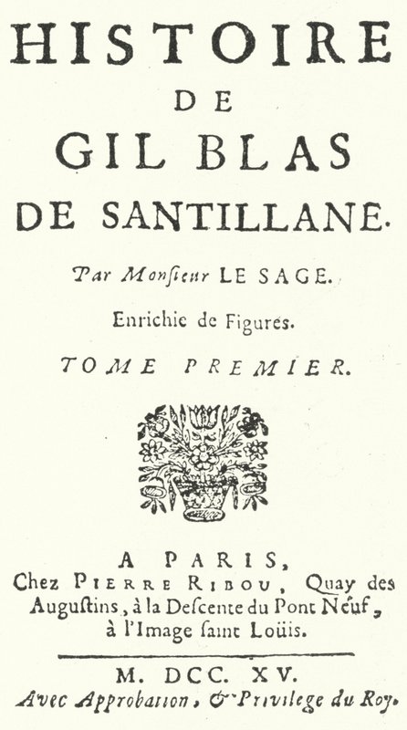 Page de titre de la première édition de Gil Blas par le romancier et dramaturge français Alain-René Lesage, publiée en 1715 - German School