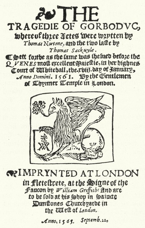 Page de titre de la première édition de The Tragedie of Gorboduc (1565) de Thomas Norton et Thomas Sackville - German School