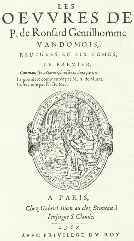 Page de titre du premier volume de la rare et très populaire deuxième édition des œuvres de Pierre de Ronsard, publiée en six volumes par le poète lui-même (gravure) - German School
