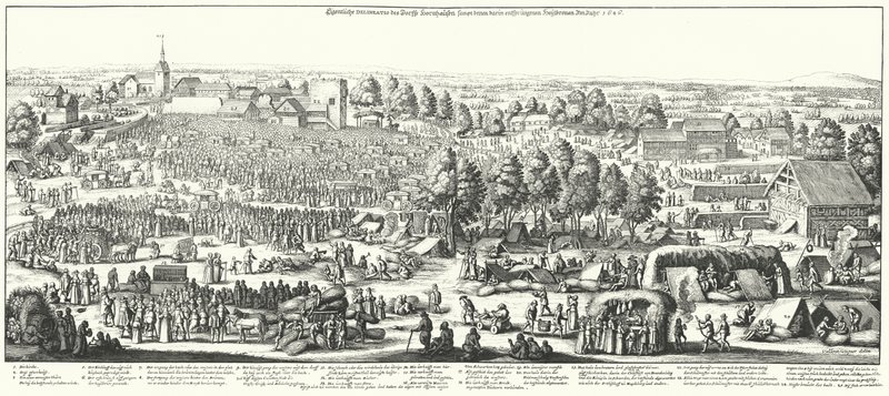 Voyageurs visitant les sources curatives du village de Hornhausen, 1646 (gravure) - German School