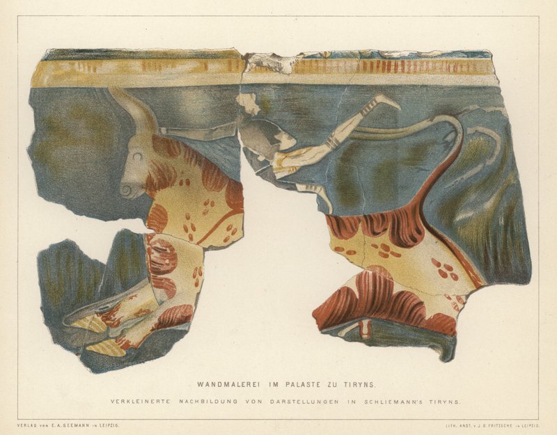 Peinture murale du palais mycénien de Tirynthe, Grèce, excavée par l