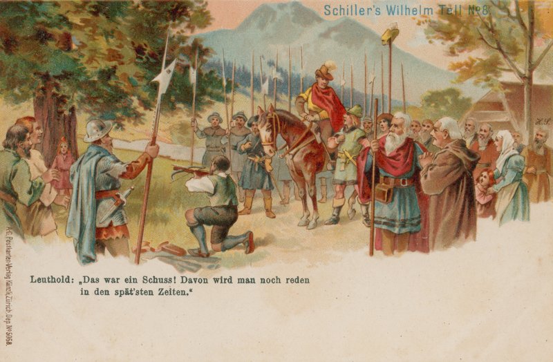 Guillaume Tell tirant sur la pomme sur la tête de son fils - German School
