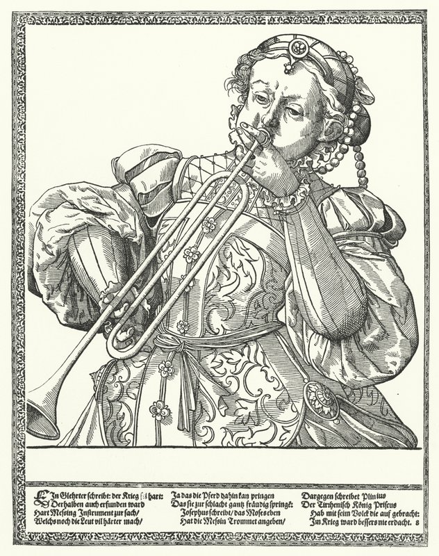Femme jouant du trombone ou du sacqueboute (gravure) - German School