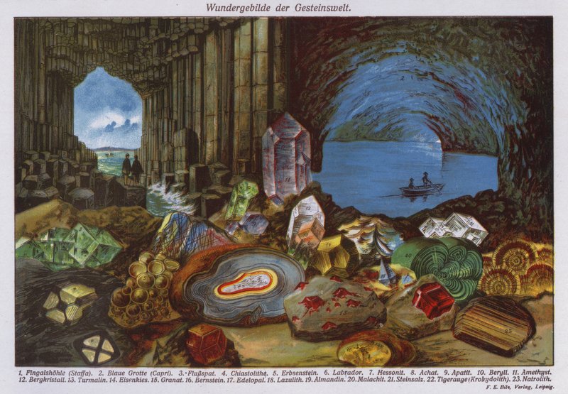 Merveilles du monde ou roches et cristaux (lithographie couleur) - German School