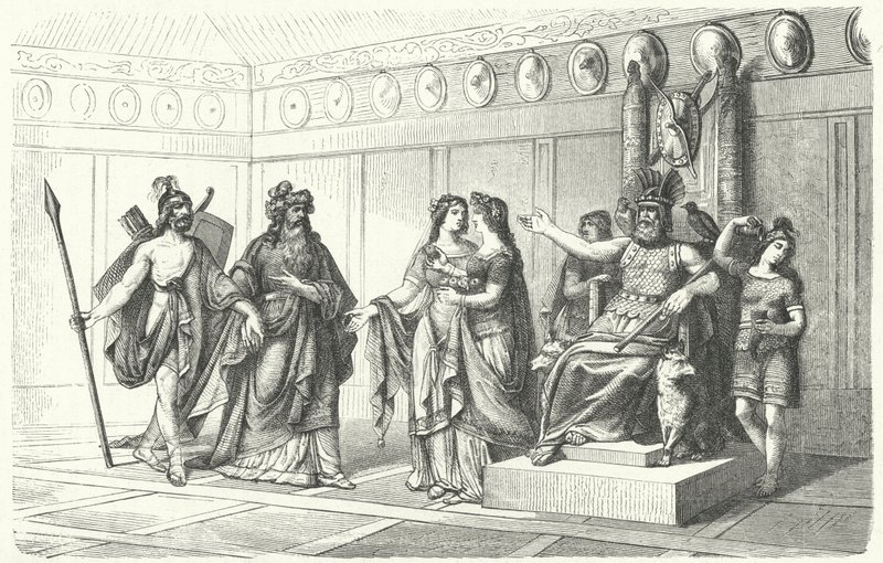 Wotan recevant les musiciens introduits par Bragi, le dieu de la poésie et du chant - German School