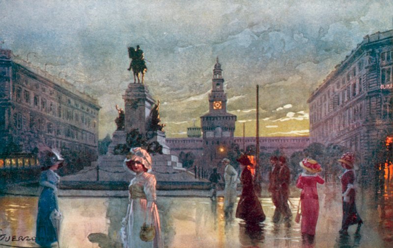 Milan : Largo Cairoli et Monument à Garibaldi (lithographie en couleur) - Giovanni Guerzoni