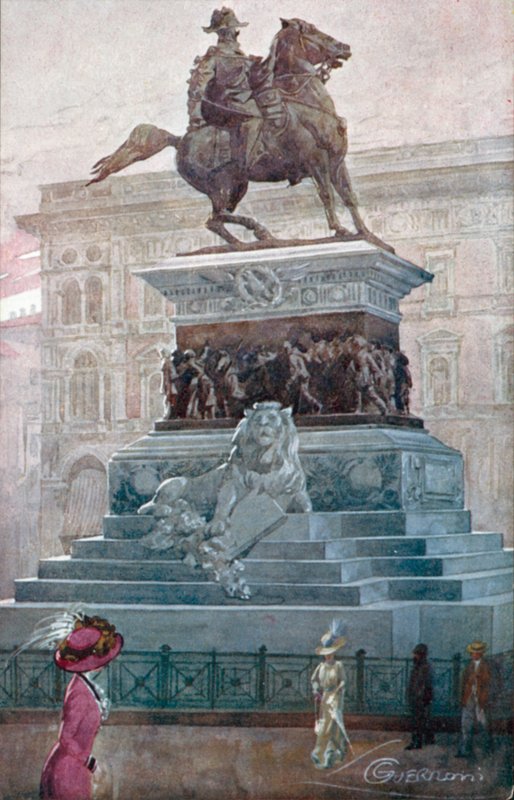 Milan : Monument à Vittorio Emanuele II (lithographie en couleur) - Giovanni Guerzoni