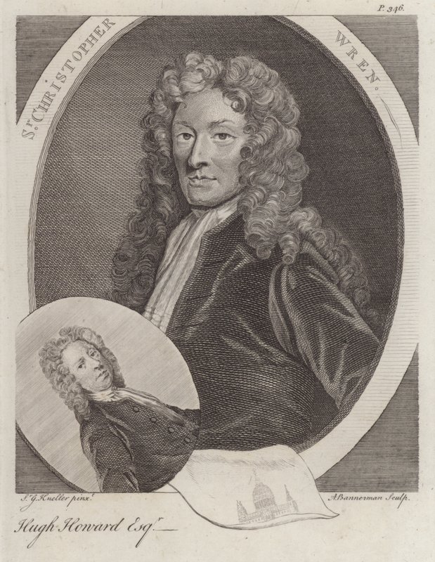 Sir Christopher Wren, architecte anglais, et Hugh Howard, artiste et collectionneur anglais (gravure) - Godfrey (after) Kneller