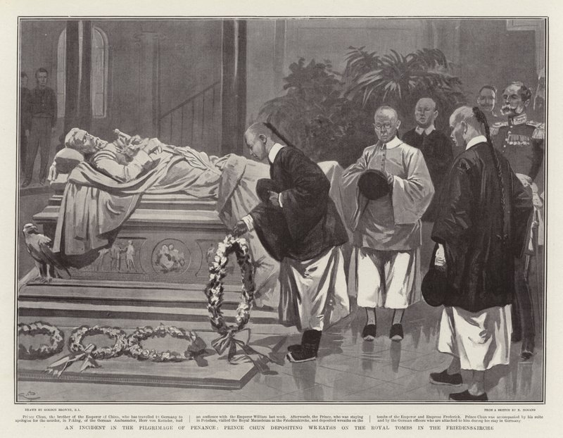 Un incident dans le pèlerinage de pénitence; le prince Chun déposant des couronnes sur les tombes royales dans la Friedenskirche - Gordon Frederick Browne
