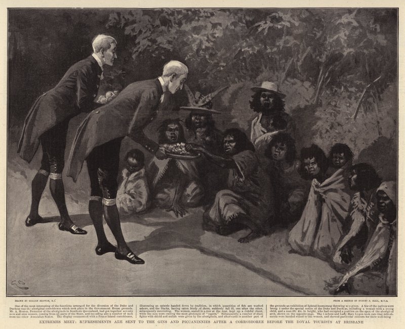 Les extrêmes se rencontrent, des rafraîchissements sont envoyés aux Gins et Piccaninnies après un Corrobboree devant les touristes royaux à Brisbane - Gordon Frederick Browne