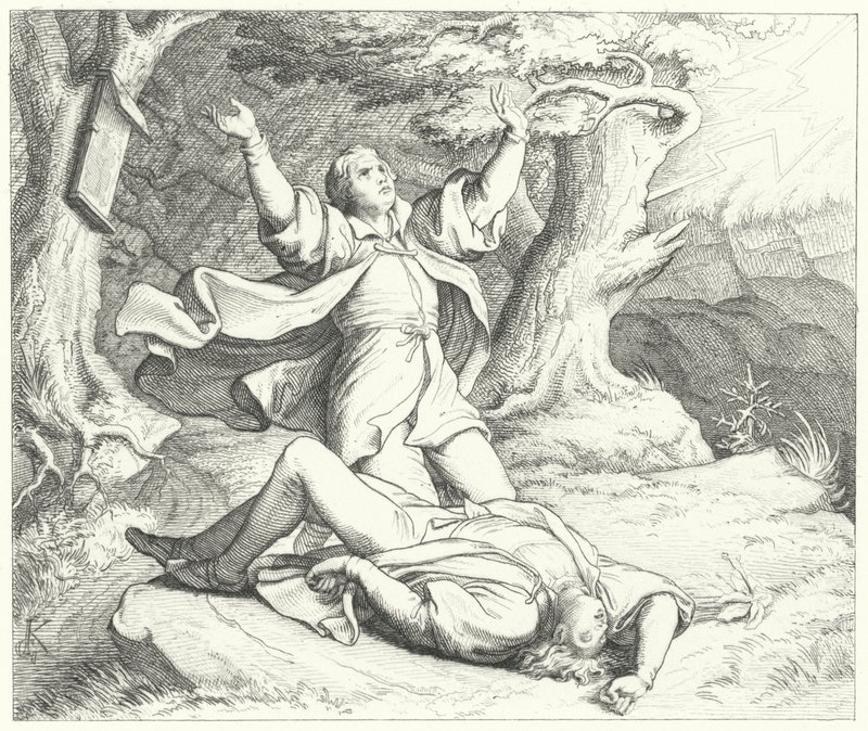 Alexis, ami de Martin Luther, après avoir été frappé par la foudre pendant leurs voyages, 1505 - Gustav Ferdinand Leopold Konig