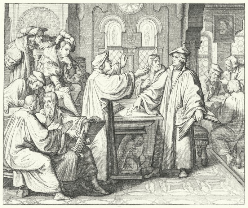 Martin Luther discutant du sacrement avec Huldrych Zwingli (gravure) - Gustav Ferdinand Leopold Konig