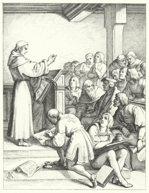 Martin Luther dans une conférence de philosophie et de théologie pour son diplôme de bachelier (gravure) - Gustav Ferdinand Leopold Konig