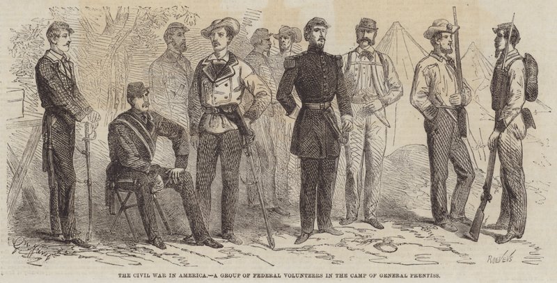La Guerre Civile en Amérique, un Groupe de Volontaires Fédéraux dans le Camp du Général Prentiss - Gustave Janet