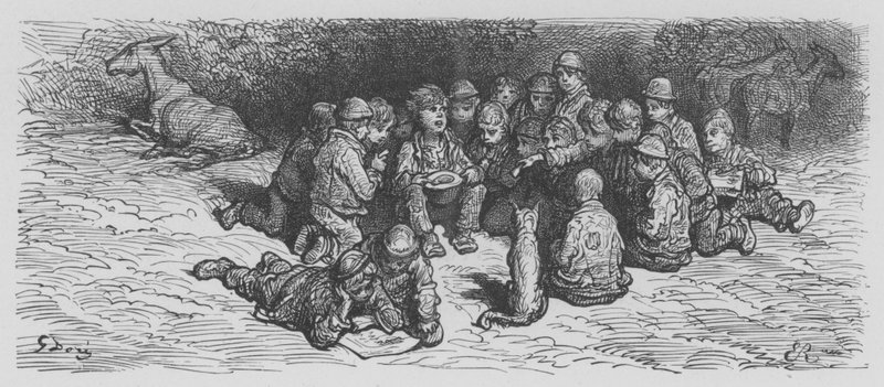 Une poule entre enfants, le jour du Derby - Gustave after Dore