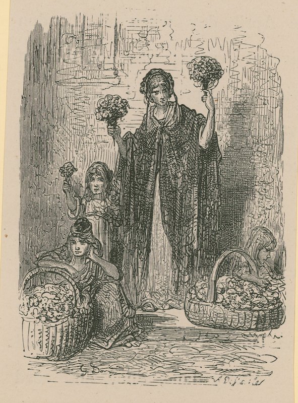Un groupe de jeunes femmes vendant des fleurs dans des paniers - Gustave Dore