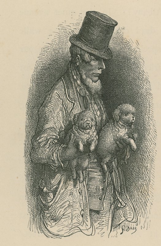 Un homme portant un haut-de-forme tenant deux chiens dans ses mains - Gustave Dore