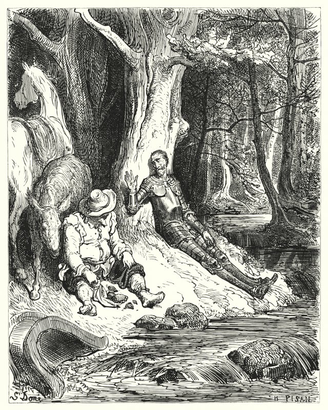 Don Quichotte de Gustave Doré : "Une fontaine claire, que Don Quichotte et Sancho trouvèrent parmi des arbres verdoyants, leur servit à se rafraîchir" - Gustave Dore
