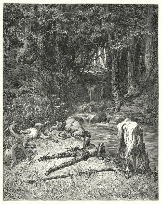 Don Quichotte de Gustave Doré: "Une prairie, arrosée par un ruisseau, les invita à descendre" - Gustave Dore