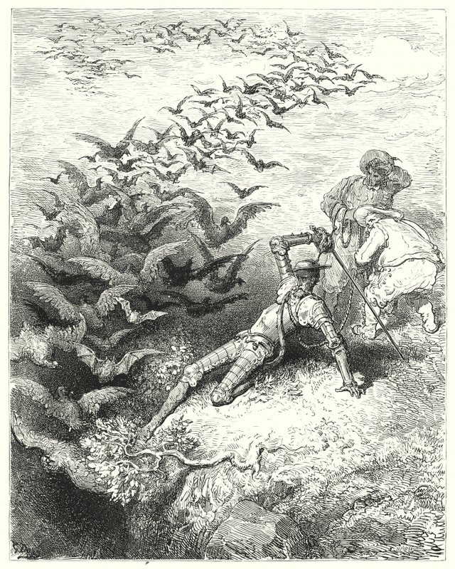 Don Quichotte de Gustave Doré : "Un nombre infini de corbeaux et de choucas surdimensionnés sortaient en se précipitant et en battant des ailes de la grotte" (gravure) - Gustave Dore