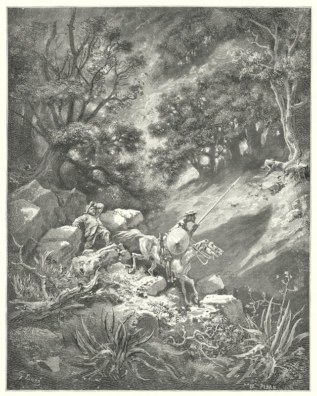 Don Quichotte de Gustave Doré : "Mais priez, monsieur," dit Sancho, "est-ce une bonne loi de chevalerie qui dit que nous devons errer de haut en bas, à travers les buissons et les ronces, dans ce désert rocheux?" - Gustave Dore