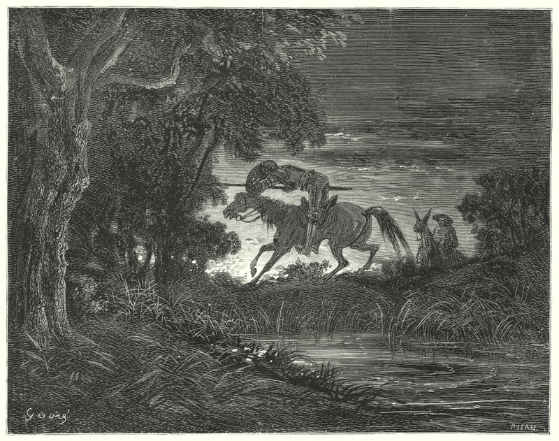 Don Quichotte de Gustave Doré : "Don Quichotte, accompagné de son cœur intrépide, sauta sur Rozinante" - Gustave Dore