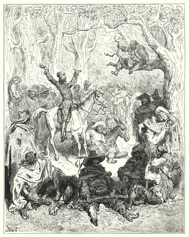 Don Quichotte de Gustave Doré: "Don Quichotte, monté sur Rozinante, déclamant très abondamment contre leur mode de vie" - Gustave Dore