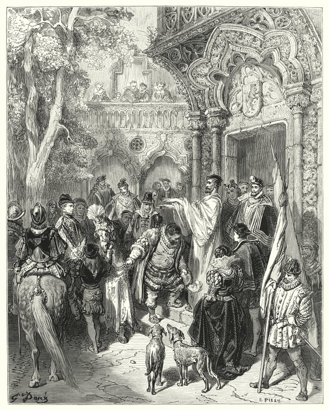 Don Quichotte de Gustave Doré : "Il baisa la main du duc et de la duchesse en partant, et reçut la bénédiction de son maître" - Gustave Dore