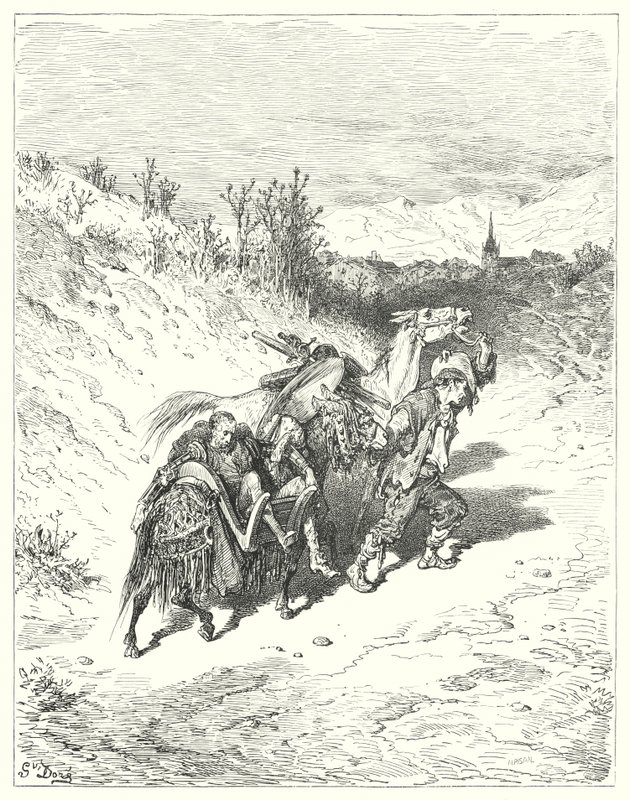 Don Quichotte de Gustave Doré : "Il les conduisit tous vers le village, et marcha lui-même à pied, très pensif" - Gustave Dore