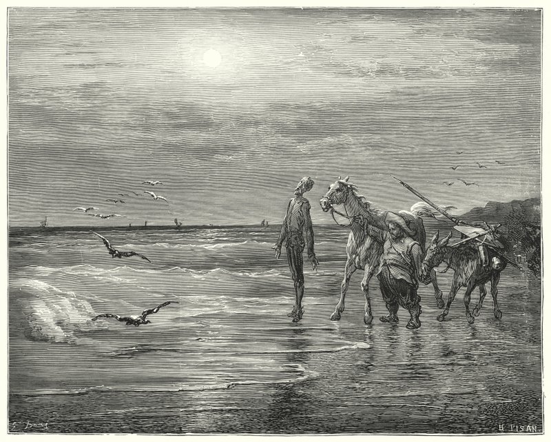 Don Quichotte : "Ici est tombé mon bonheur, pour ne jamais se relever" (gravure) - Gustave Dore