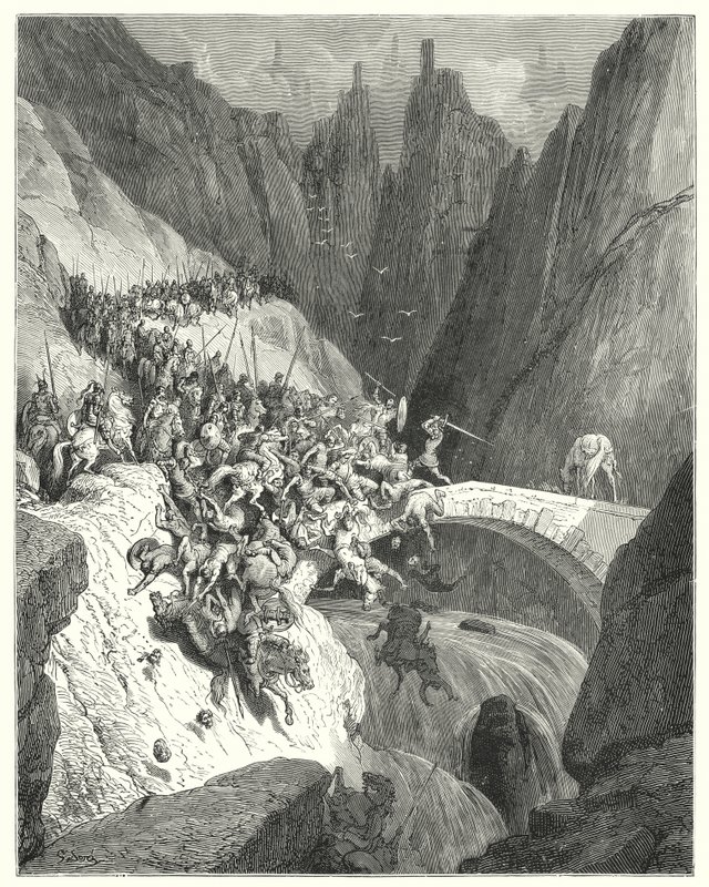 Don Quichotte de Gustave Doré : "Comment Don Diego Garcia, à lui seul, défendit le passage d