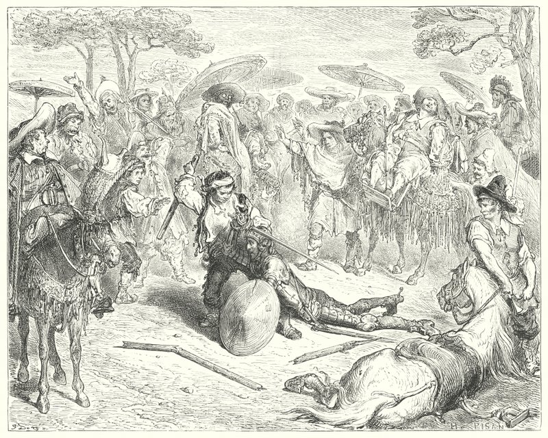 Don Quichotte de Gustave Doré: "Malgré ses armes, il le battit comme une gerbe de blé" (gravure) - Gustave Dore