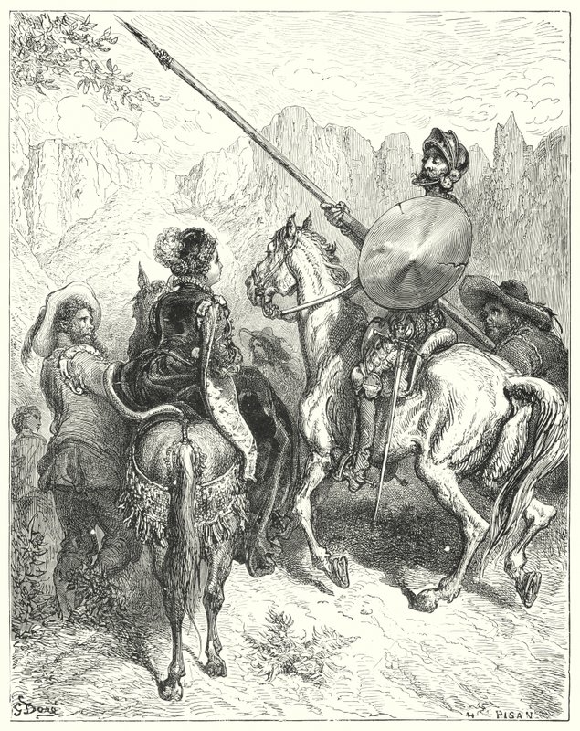 Don Quichotte de Gustave Doré : "Maintenant, madame," dit Don Quichotte, "laissez-moi vous prier de me dire par où nous devons aller, pour vous rendre service" - Gustave Dore