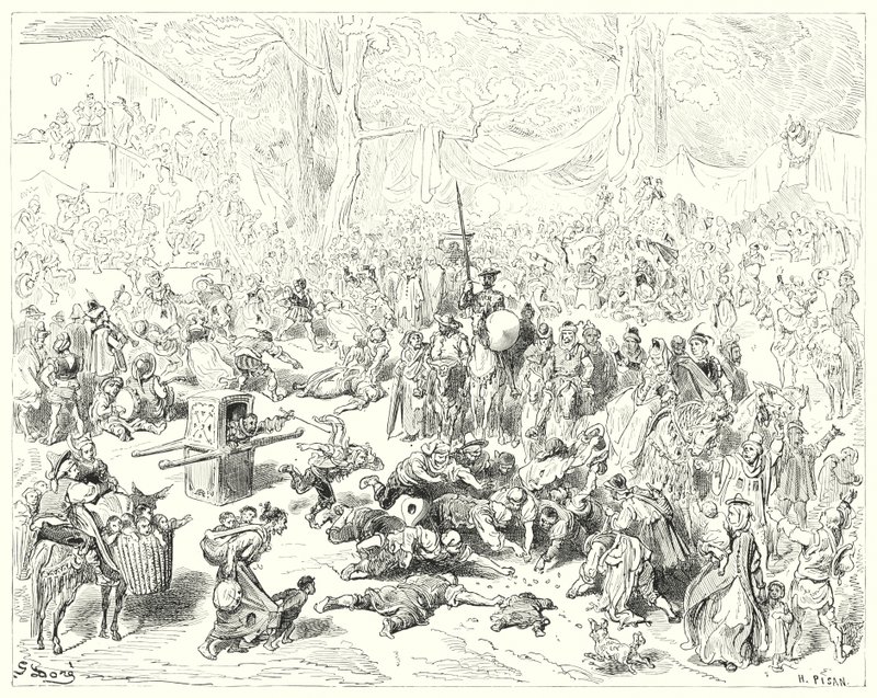 Don Quichotte de Gustave Doré : "Le pauvre Sancho suivait son maître avec un cœur lourd" (gravure) - Gustave Dore