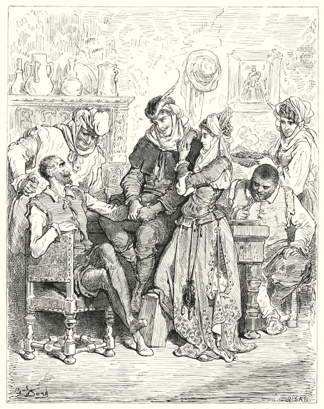 Don Quichotte : "Sancho et son maître restèrent trois jours avec le jeune couple et furent traités comme des princes" (gravure) - Gustave Dore