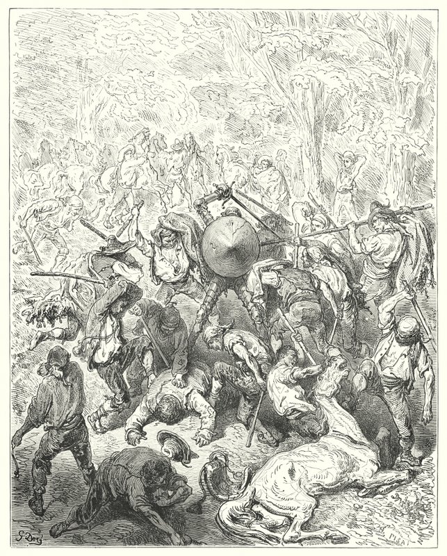 Don Quichotte de Gustave Doré : "Les Yanguesiens se saisirent de leurs leviers et de leurs bâtons" - Gustave Dore